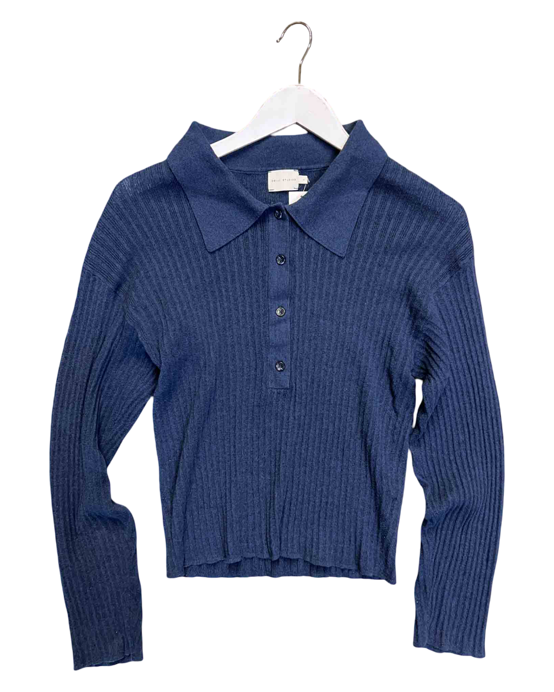 Size S |  Deiji Studios Blue Knit Ribbed Polo Top
