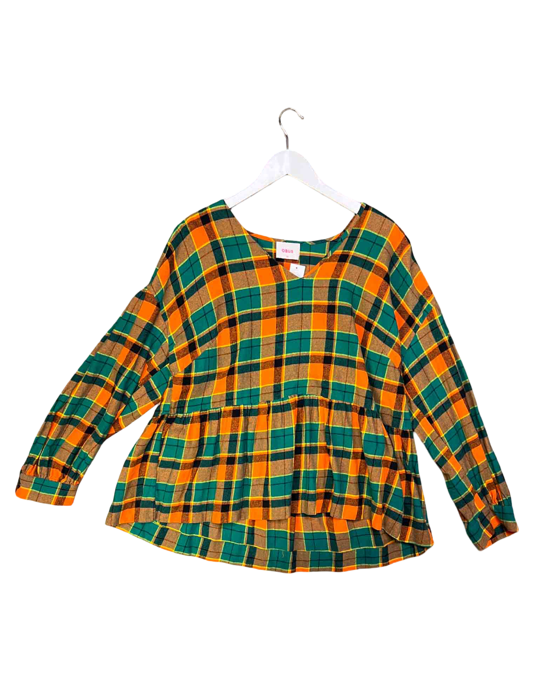 Size XXL | Obus Green and Orange Plaid Flannel Peplum Blouse
