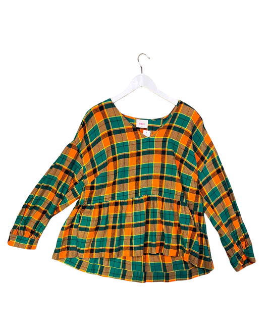 Size XXL | Obus Green and Orange Plaid Flannel Peplum Blouse