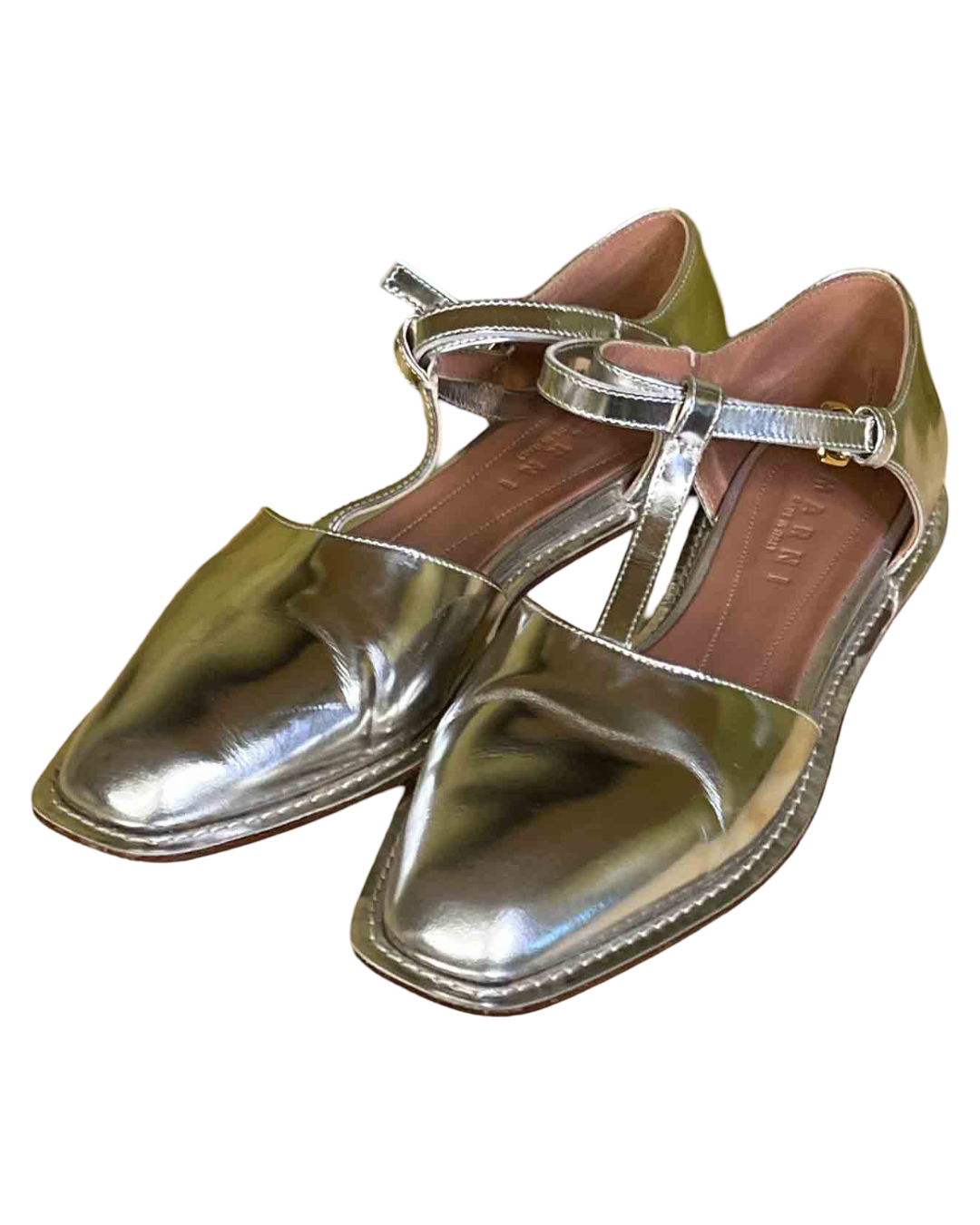 Size 39 | Marni Silver Leather T-Bar Mary Jane Flats