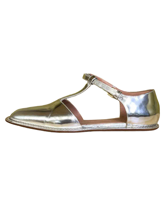 Size 39 | Marni Silver Leather T-Bar Mary Jane Flats