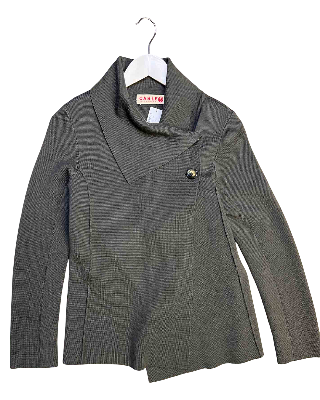 Size M | Cable Olive Merino Wool Asymmetrical Knit Cardigan