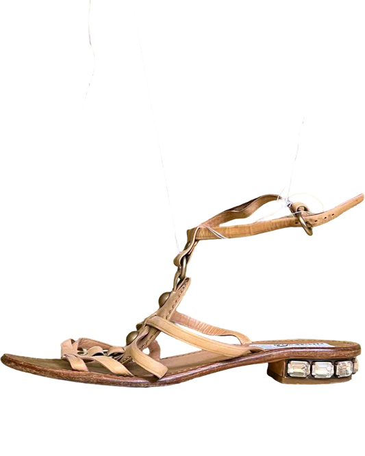 Size 37 | Miu Miu Tan Leather Strappy Sandals