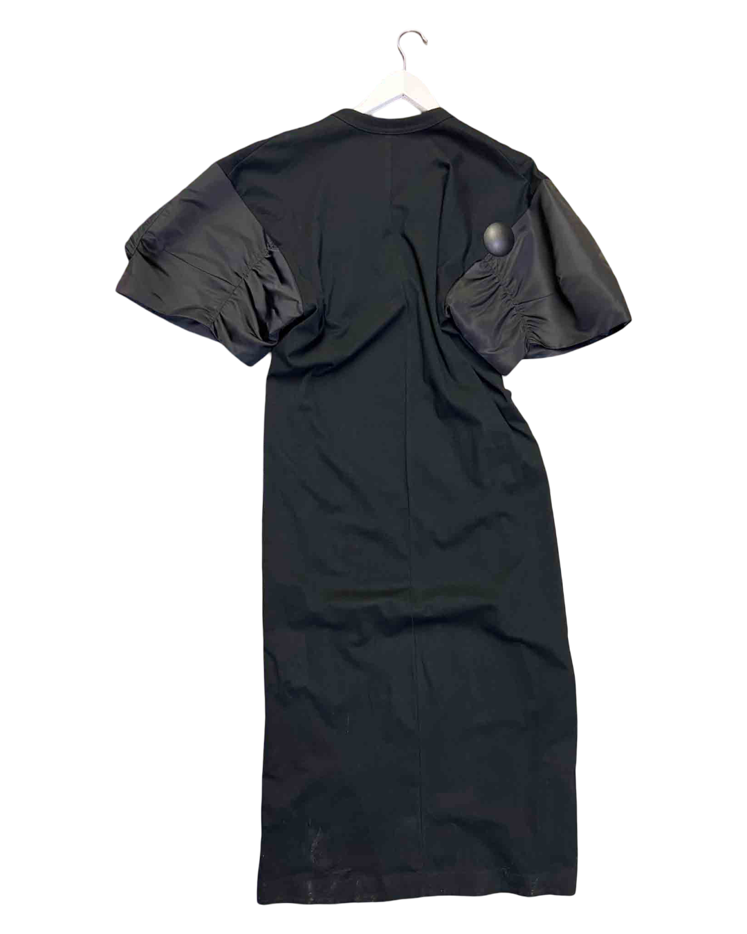 Size S | Sacai Black Maxi Cotton T-Shirt Dress with Nylon Accent Puff Sleeve