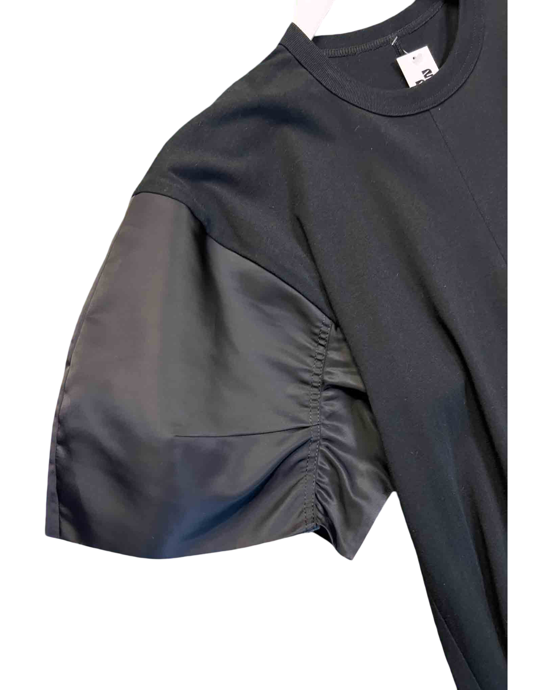 Size S | Sacai Black Maxi Cotton T-Shirt Dress with Nylon Accent Puff Sleeve