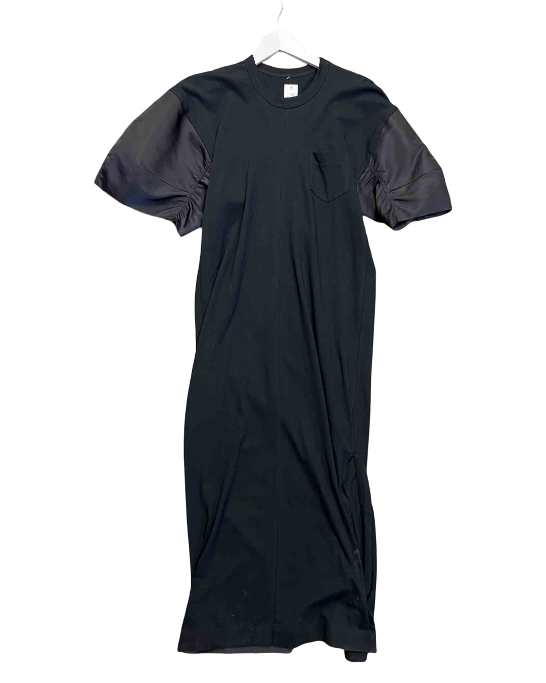 Size S | Sacai Black Maxi Cotton T-Shirt Dress with Nylon Accent Puff Sleeve