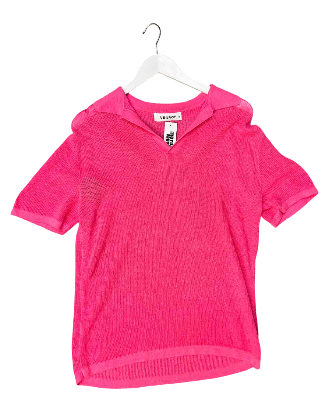 Size M | Venroy Hot Pink Linen Knit Polo Top
