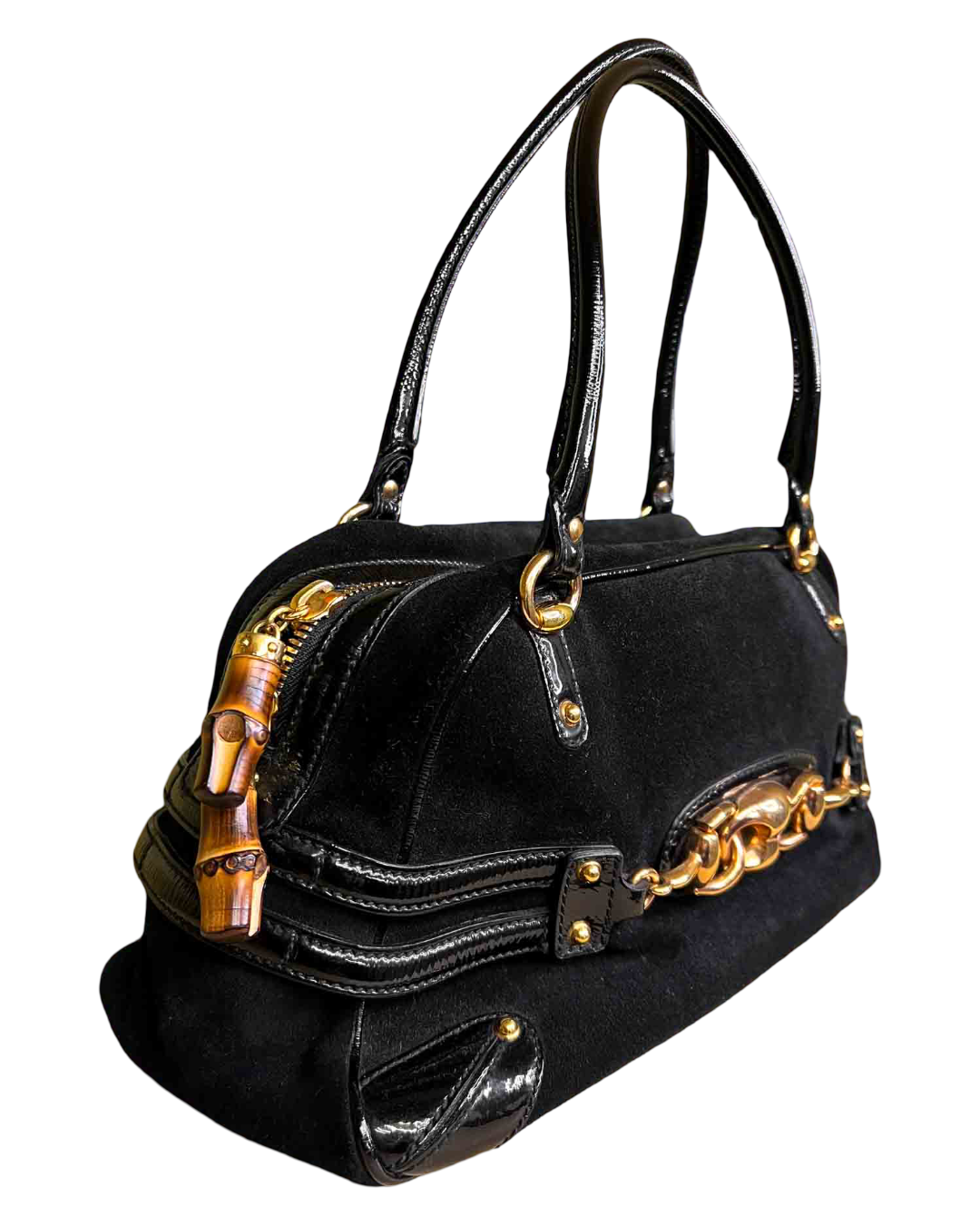 Gucci Black Suede/Patent Horsebit Wave Bag