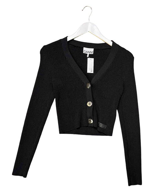 Size M | Ganni Black Knitted Cropped Cardigan