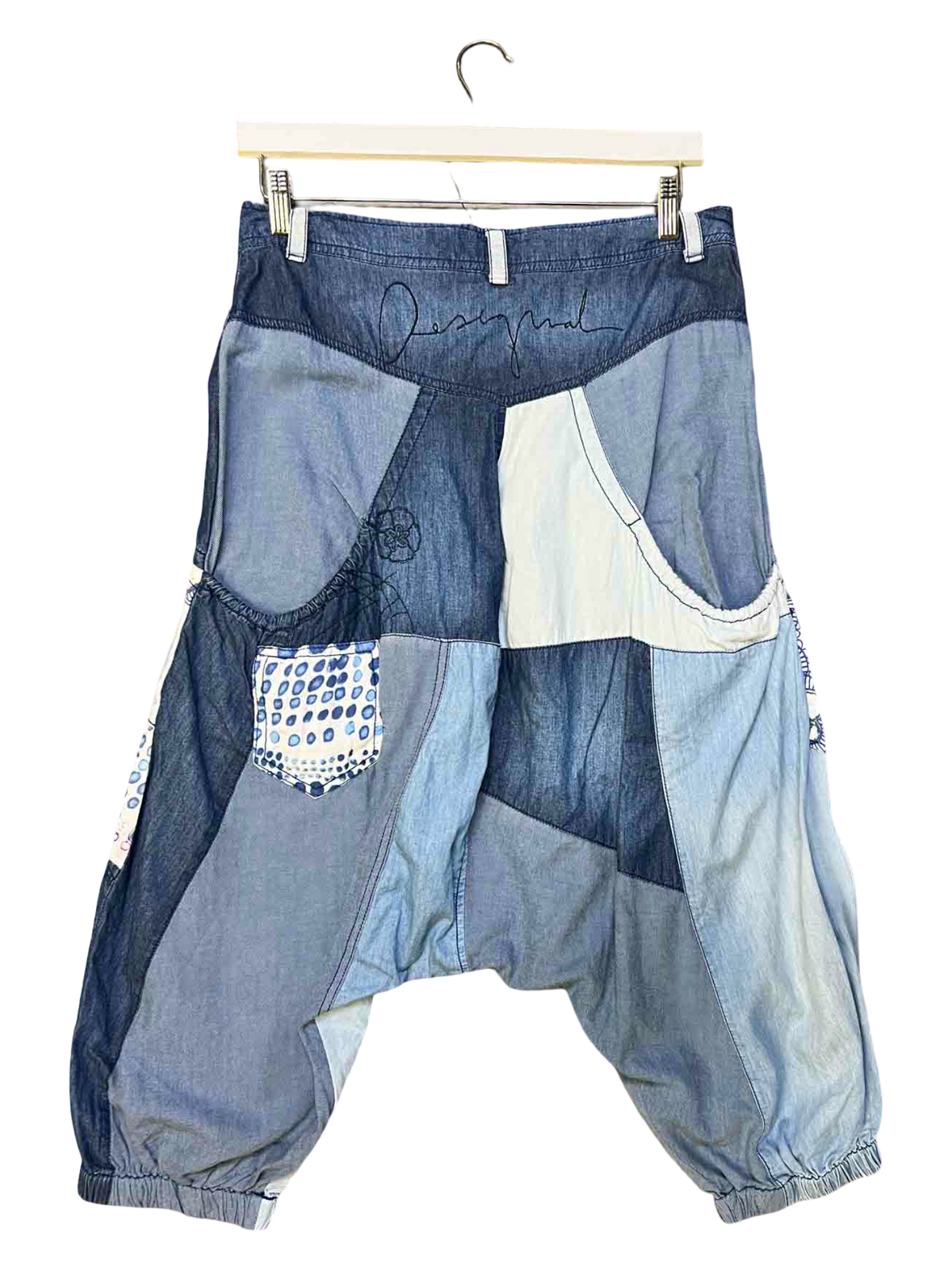 Size 28 (S) | Desigual Blue Patchwork Drop Crotch Pants