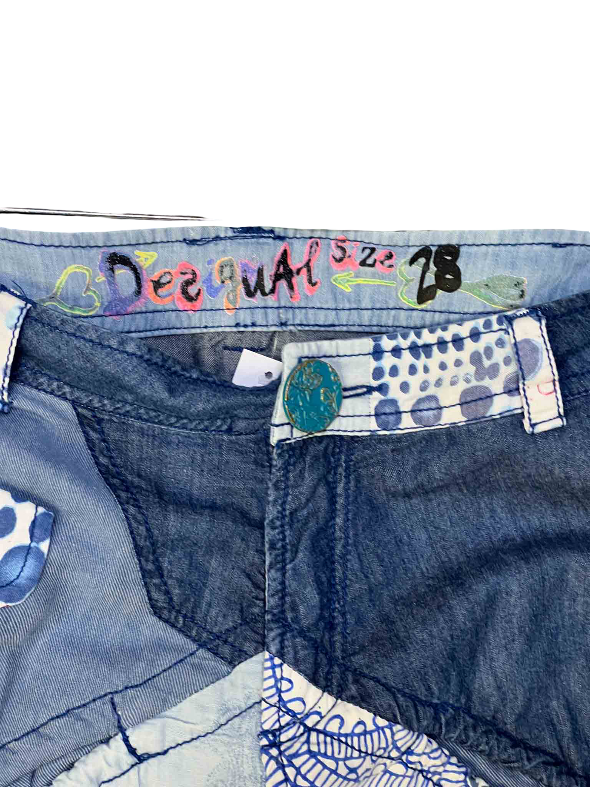 Size 28 (S) | Desigual Blue Patchwork Drop Crotch Pants