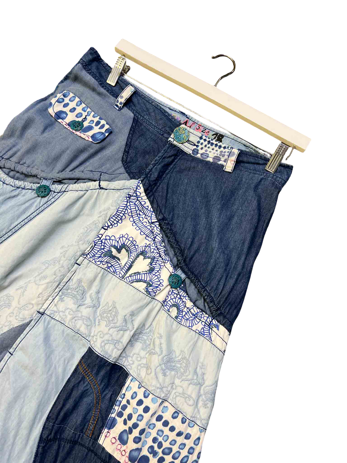 Size 28 (S) | Desigual Blue Patchwork Drop Crotch Pants