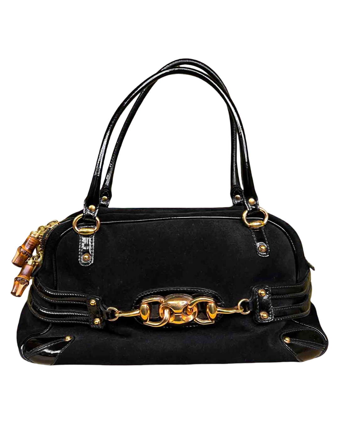Gucci Black Suede/Patent Horsebit Wave Bag