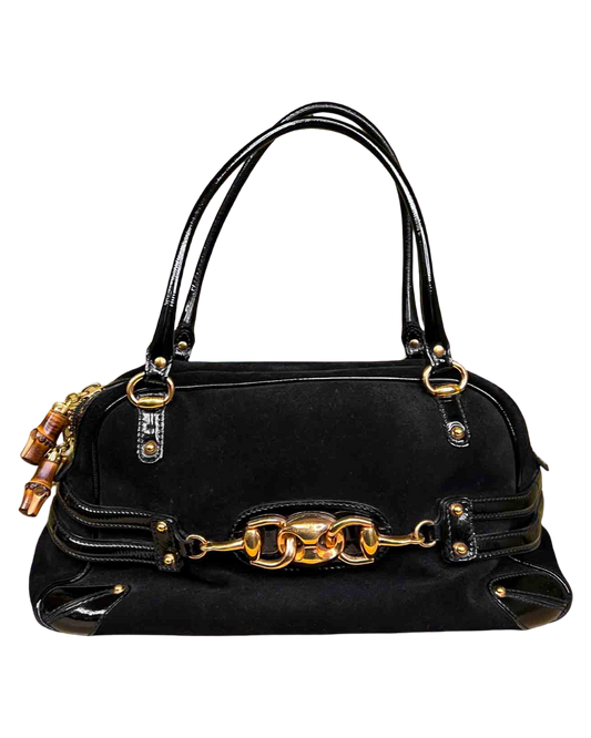 Gucci Black Suede/Patent Horsebit Wave Bag