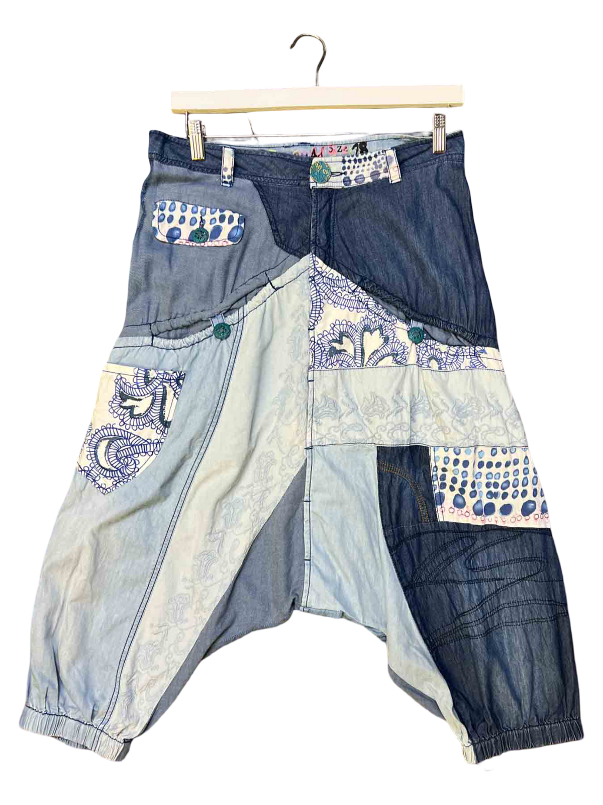 Size 28 (S) | Desigual Blue Patchwork Drop Crotch Pants