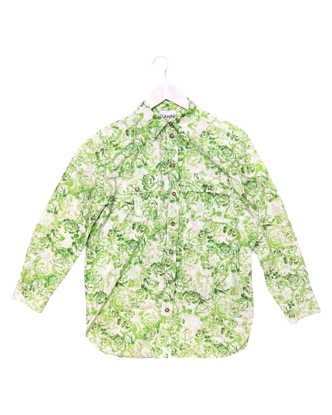 Size 38 (M) | Ganni Neon Green Cotton Rose Shirt