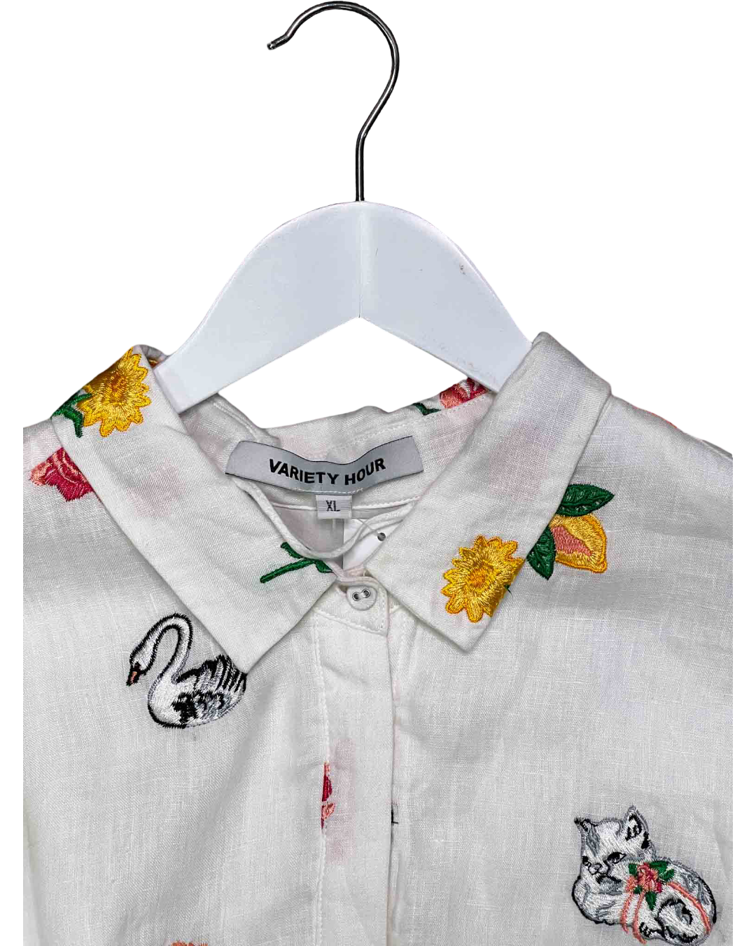 Size XL | Vairty Hour White Linen Embroidered Shirt Dress