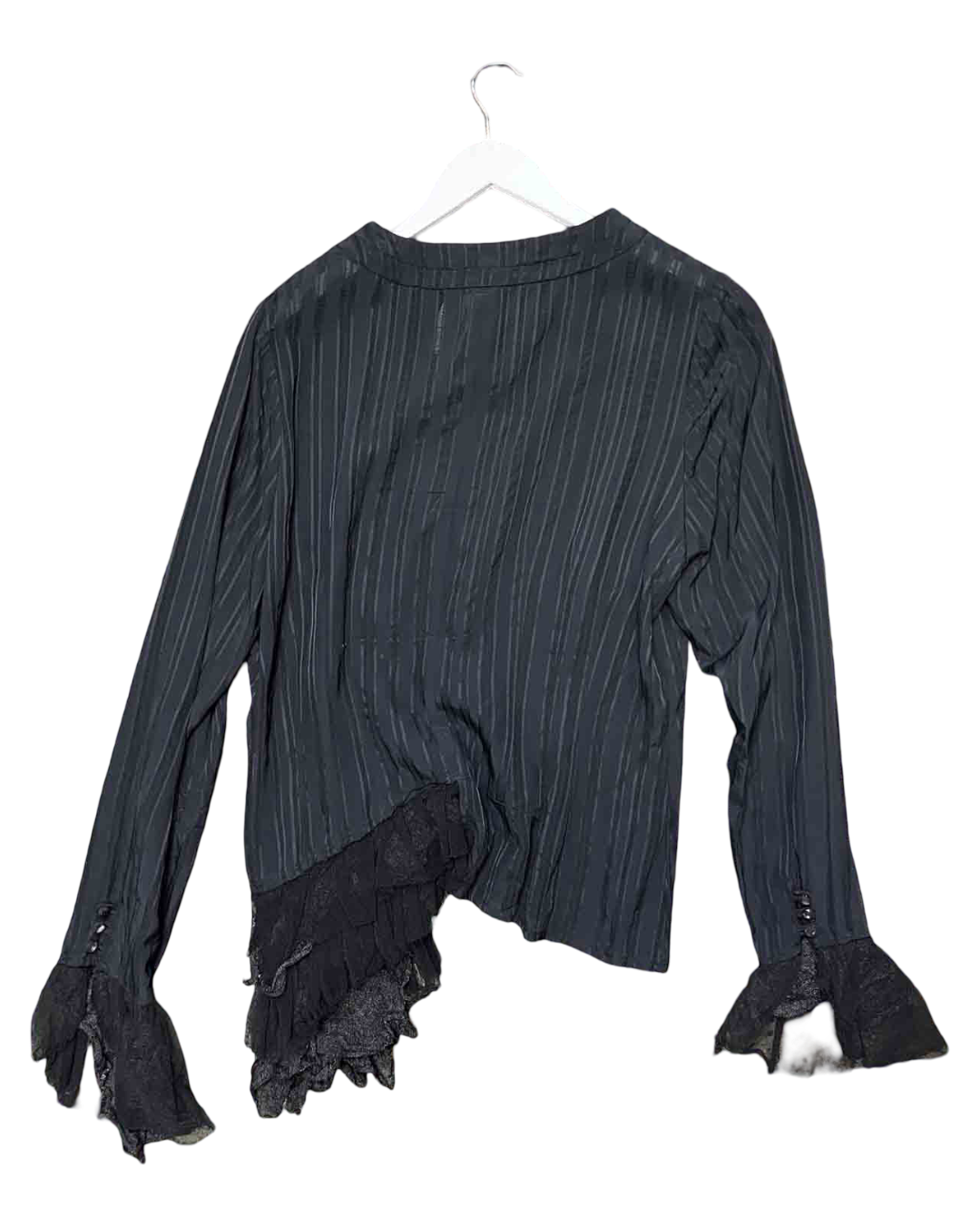 Size 16 | Trelise Cooper Black Asymmetric Pinstripe Ruffle Shirt