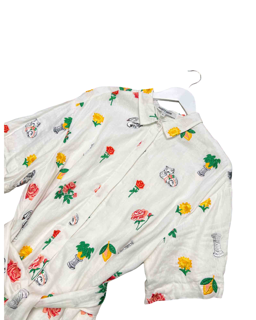 Size XL | Vairty Hour White Linen Embroidered Shirt Dress