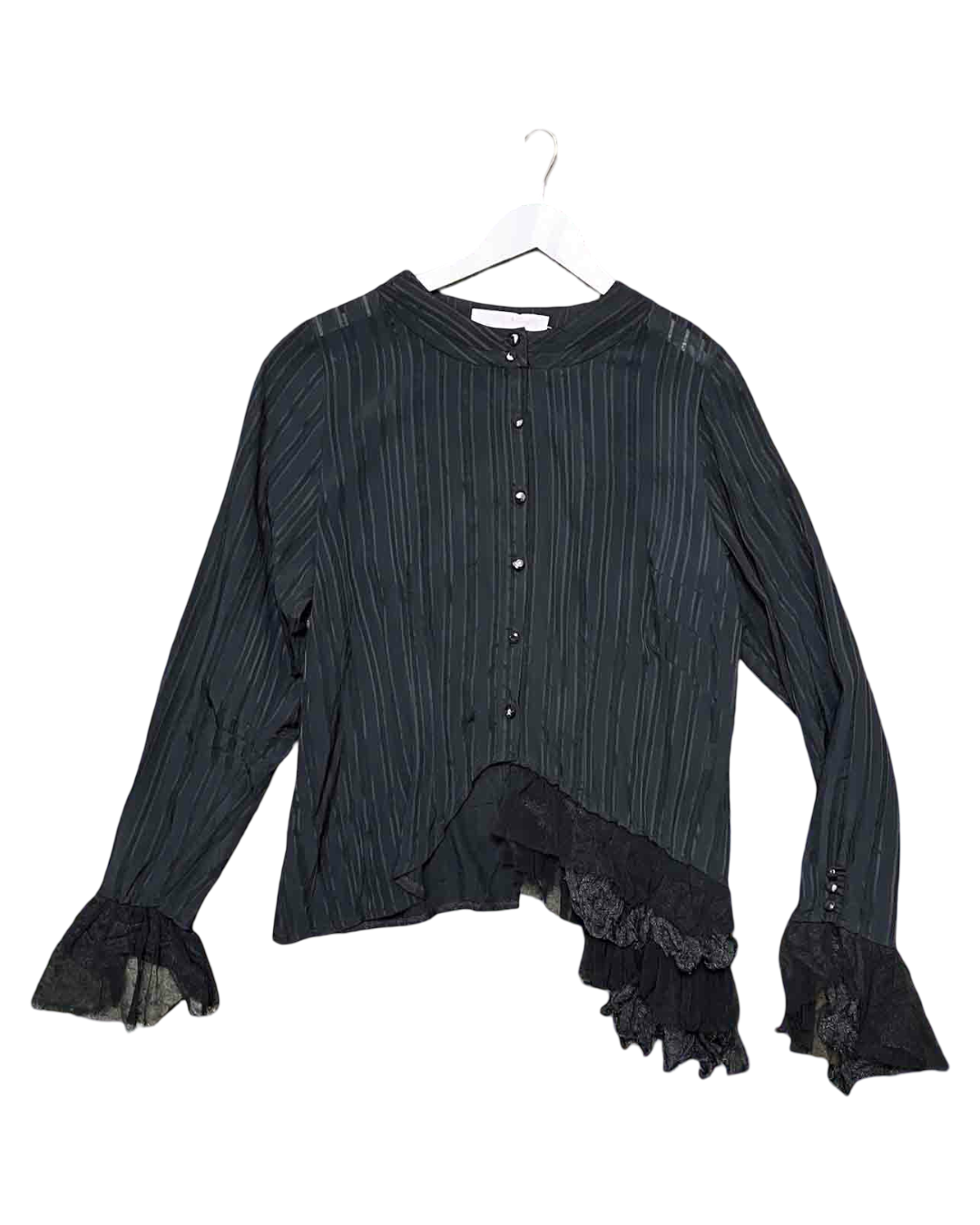 Size 16 | Trelise Cooper Black Asymmetric Pinstripe Ruffle Shirt