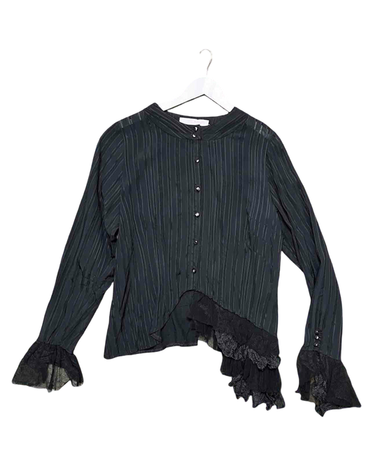 Size 16 | Trelise Cooper Black Asymmetric Pinstripe Ruffle Shirt