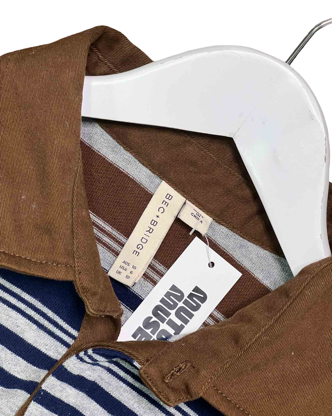 Size 10 | Bec + Bridge Grey, Brown and Blue Stripe Polo Dress