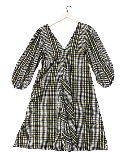 Size 38 (M) | Ganni Green Plaid Puff Sleeve Dress