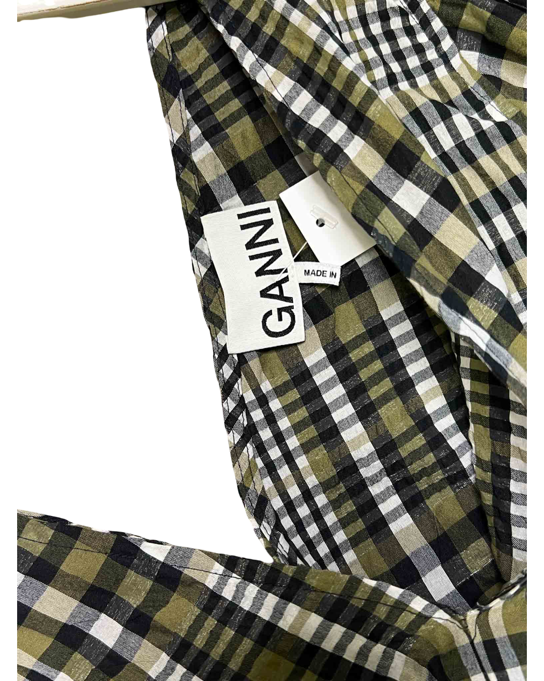 Size 38 (M) | Ganni Green Plaid Puff Sleeve Dress