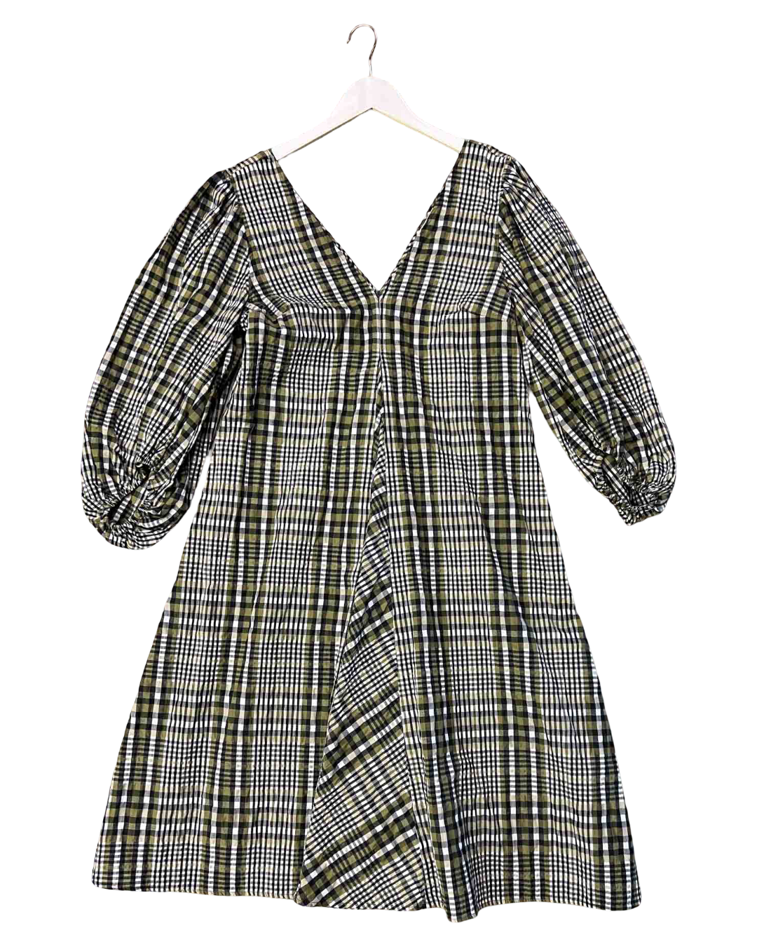 Size 38 (M) | Ganni Green Plaid Puff Sleeve Dress