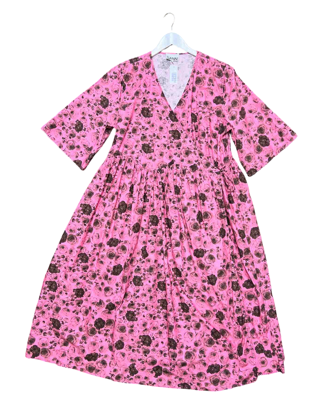 Size L/XL | Ganni Cotton V-Neck Wrap Midi Dress
