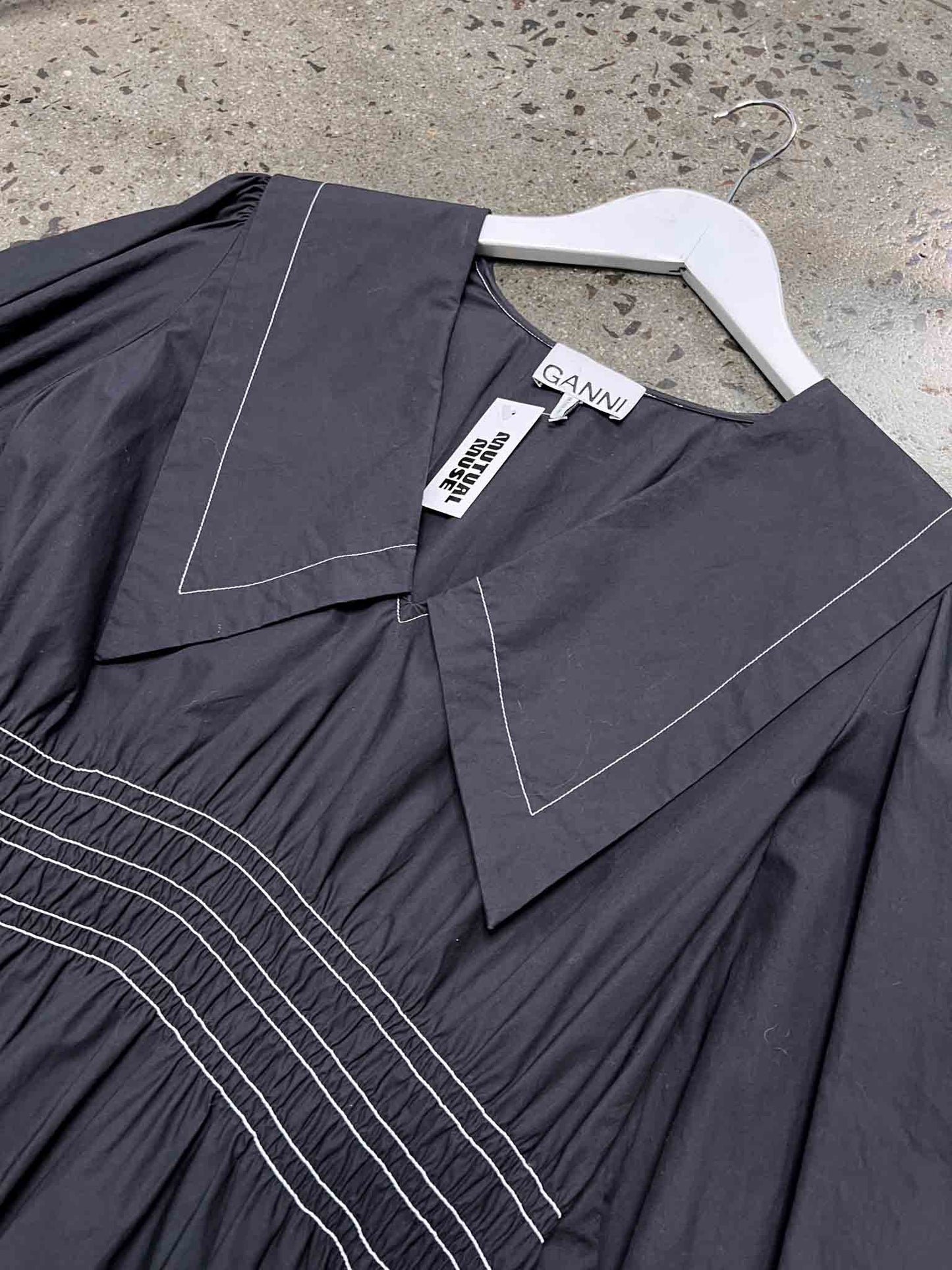 Size S | Ganni Cotton Poplin V-Neck Smock Mini Dress