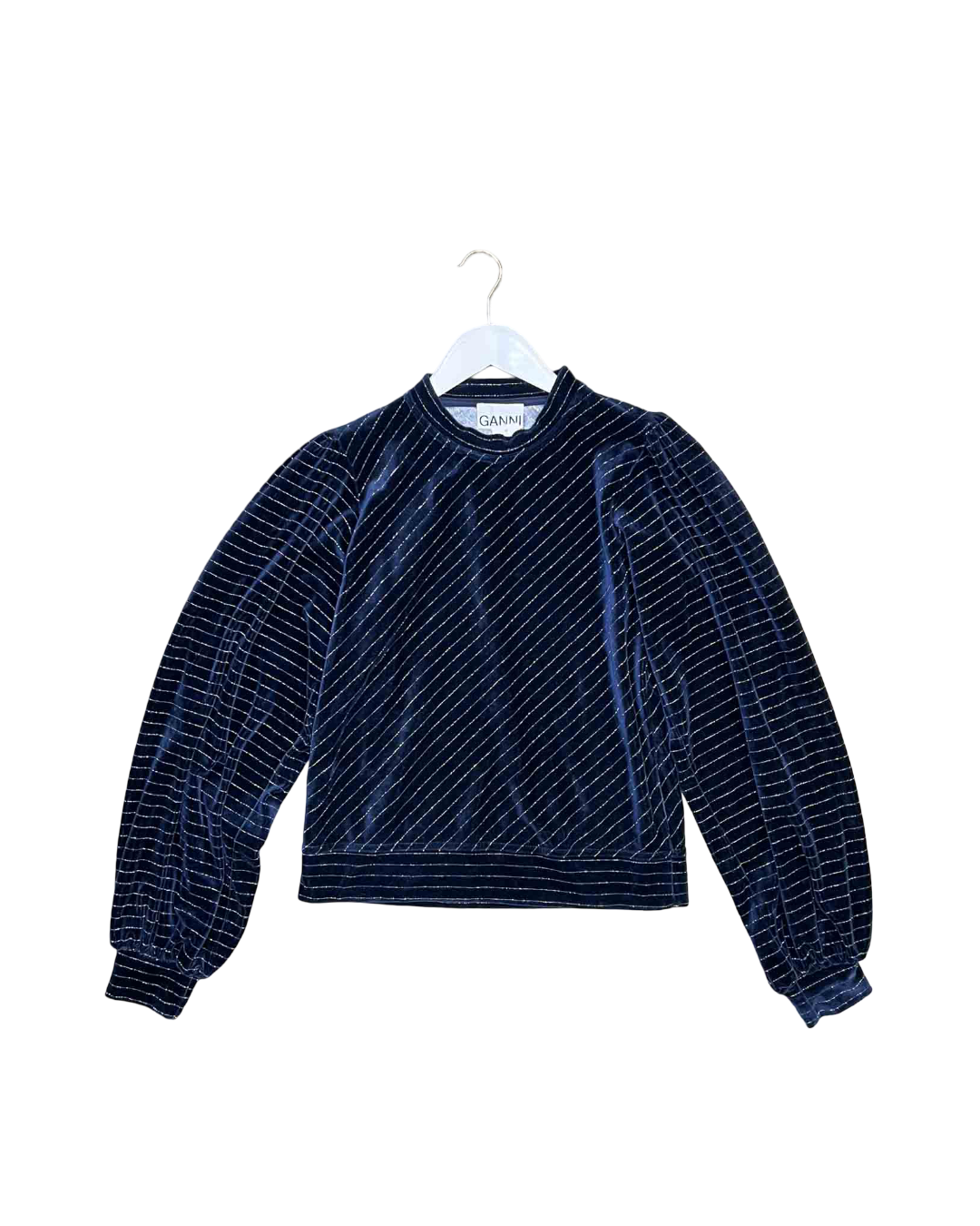 Size 34 (XS) | Ganni Blue Velvet Metallic Long-Sleeve