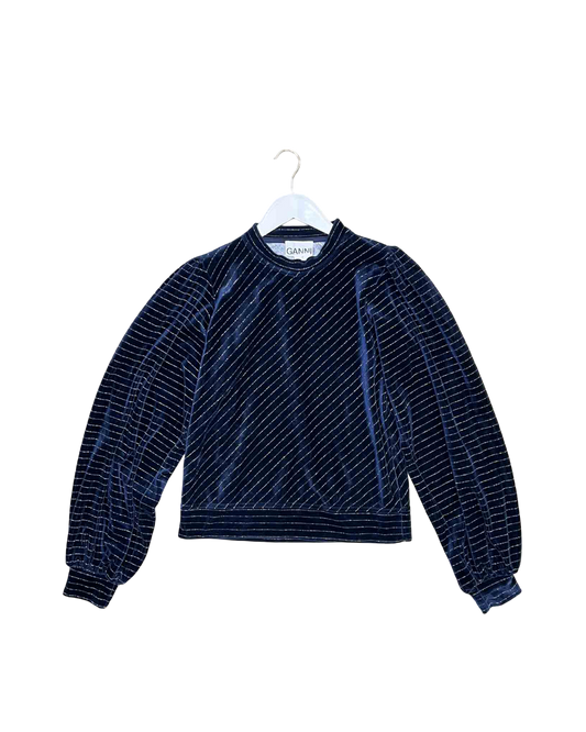 Size 34 (XS) | Ganni Blue Velvet Metallic Long-Sleeve