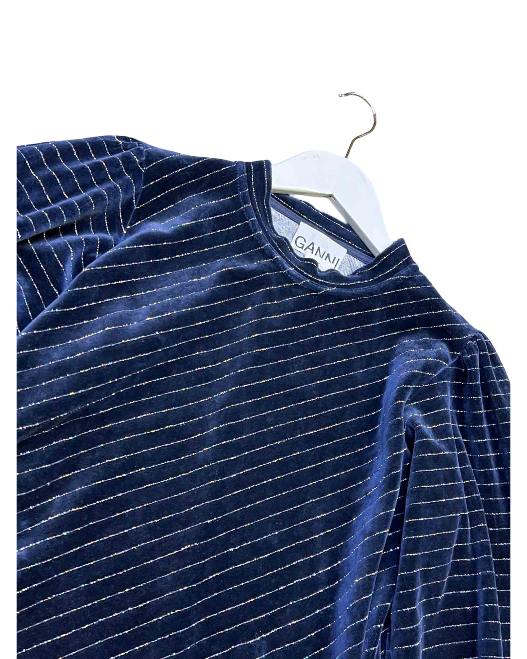 Size 34 (XS) | Ganni Blue Velvet Metallic Long-Sleeve