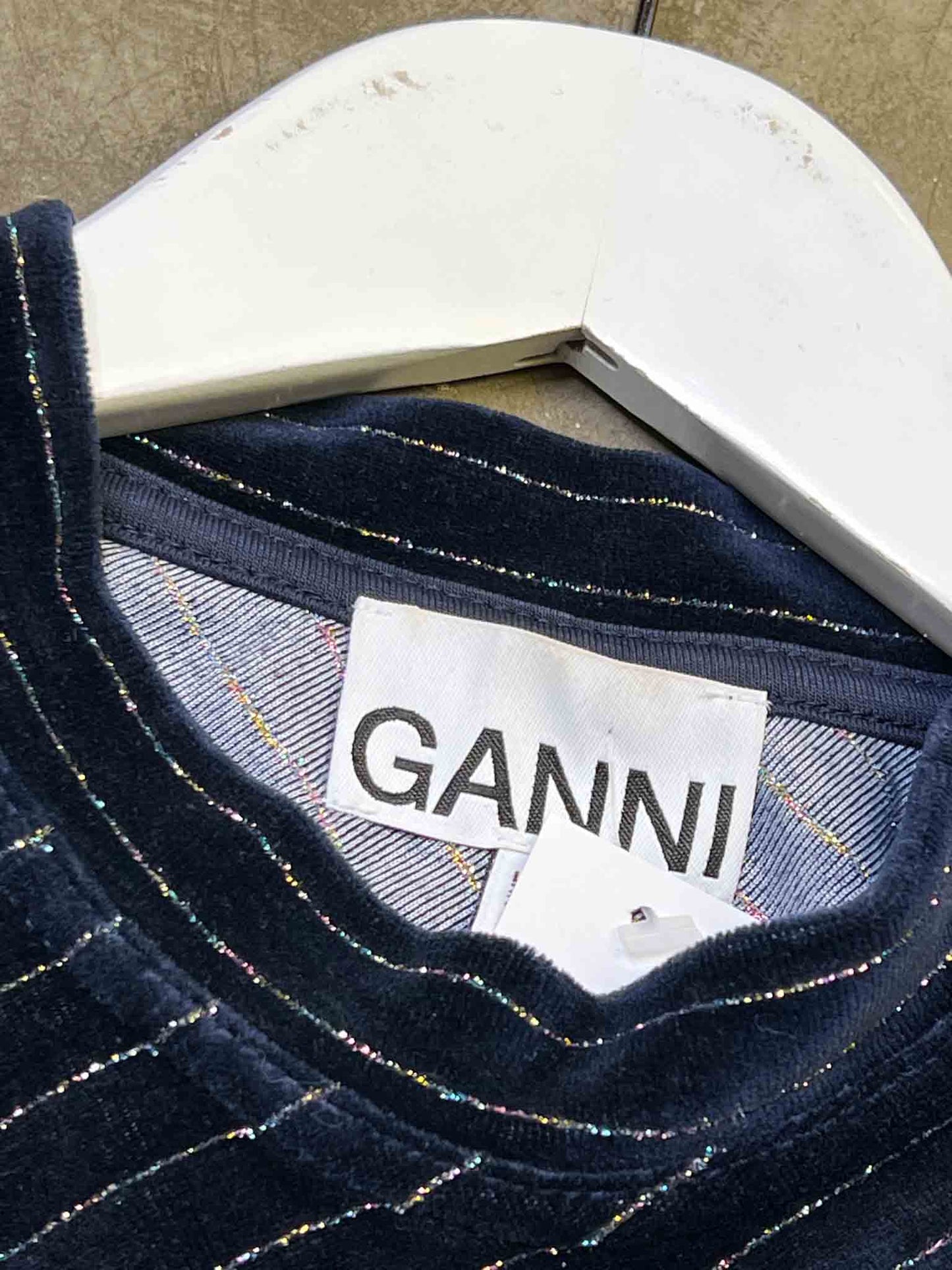 Size 34 (XS) | Ganni Blue Velvet Metallic Long-Sleeve