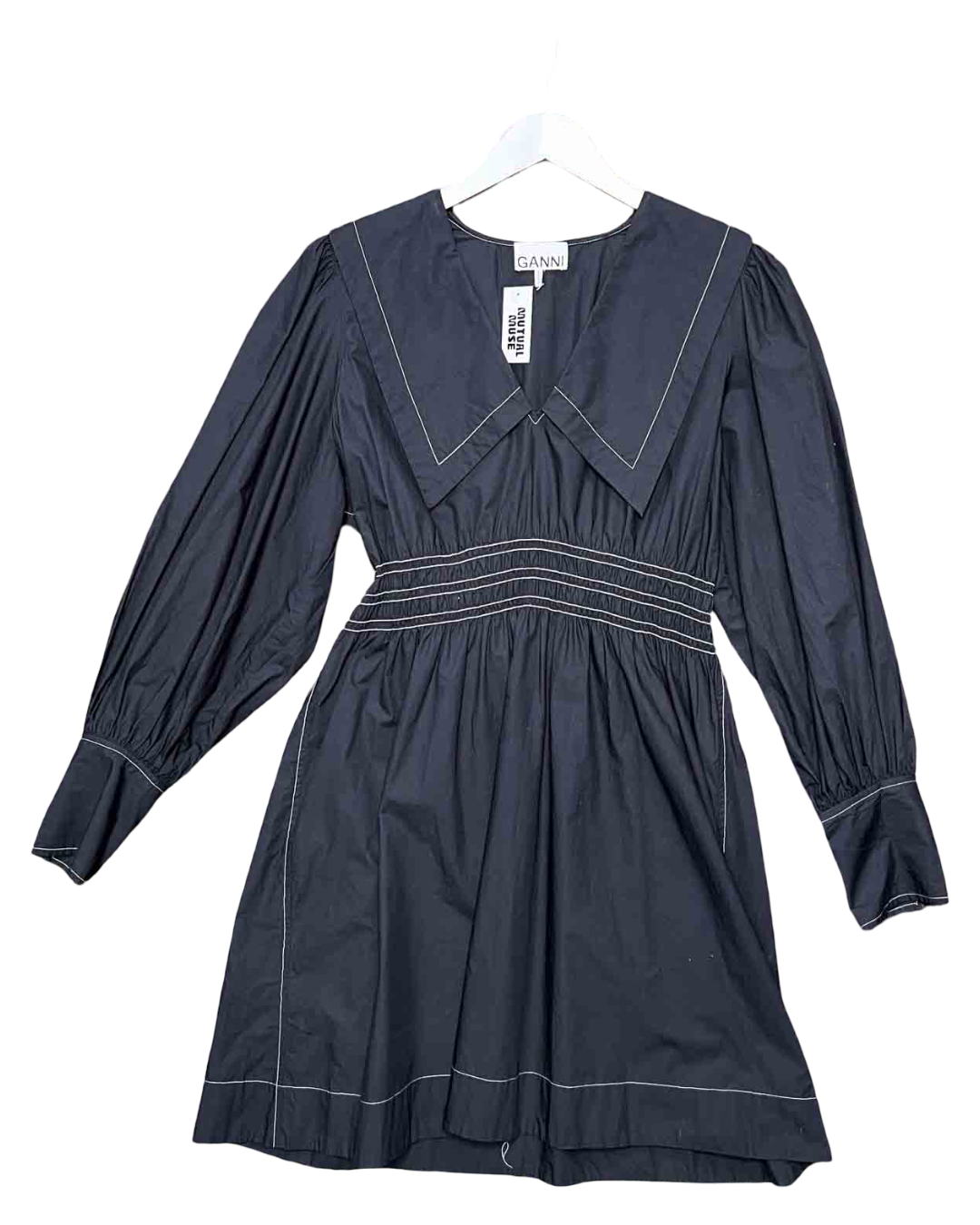Size S | Ganni Cotton Poplin V-Neck Smock Mini Dress