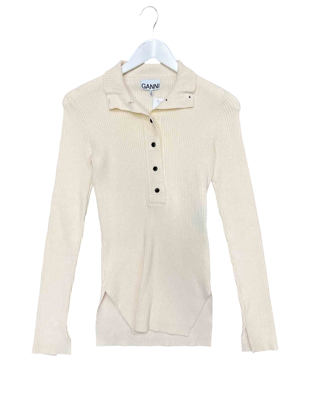 Size XS | GANNI Cream Henley Button Ribbed Top