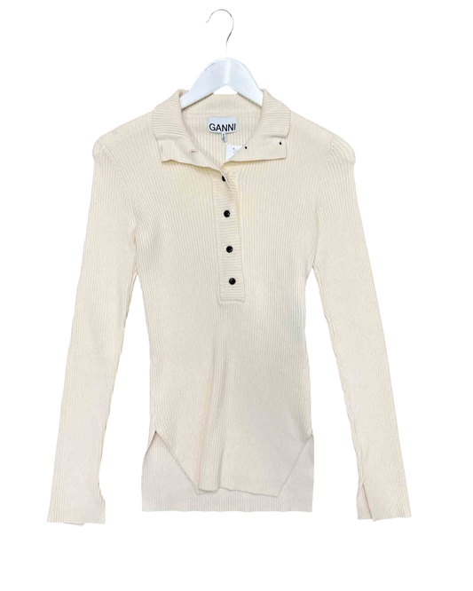 Size XS | GANNI Cream Henley Button Ribbed Top