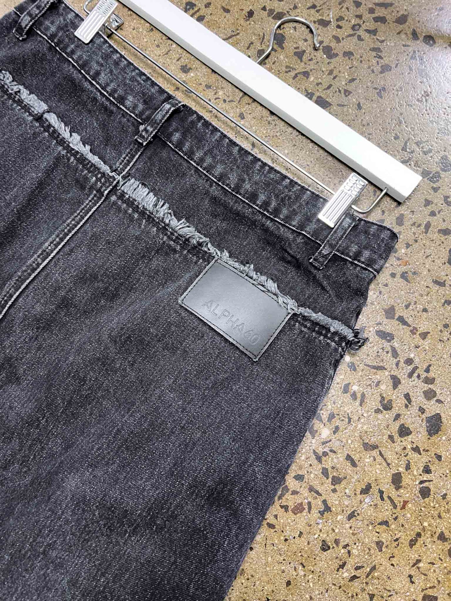 Size M | Alpha60 Black Distressed Denim Midi Skirt
