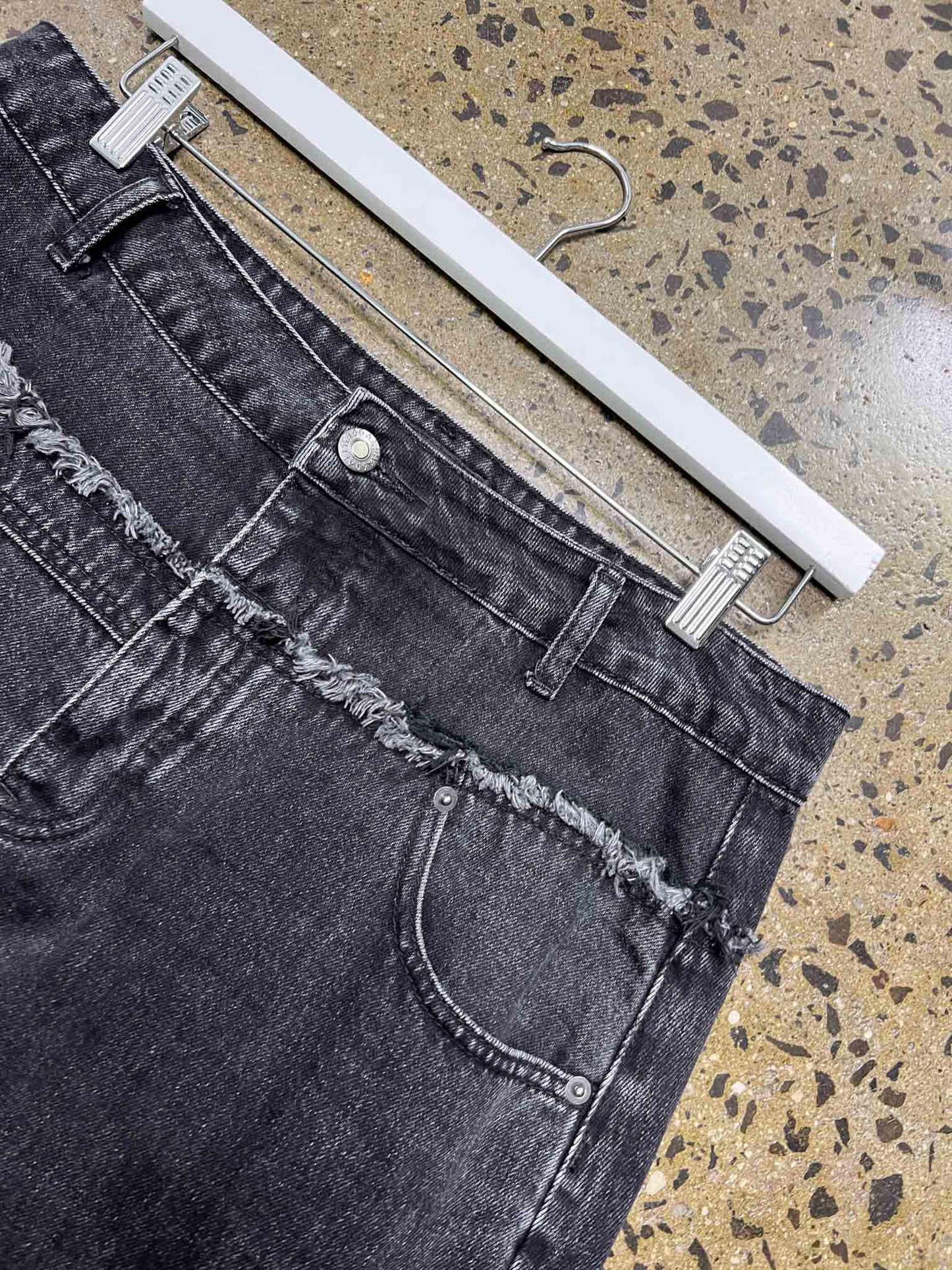 Size M | Alpha60 Black Distressed Denim Midi Skirt