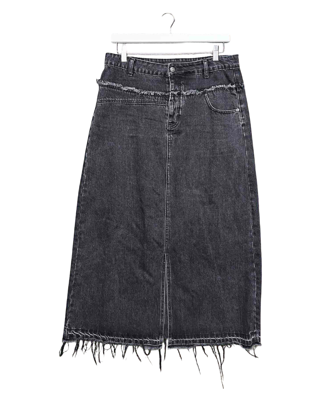 Size M | Alpha60 Black Distressed Denim Midi Skirt