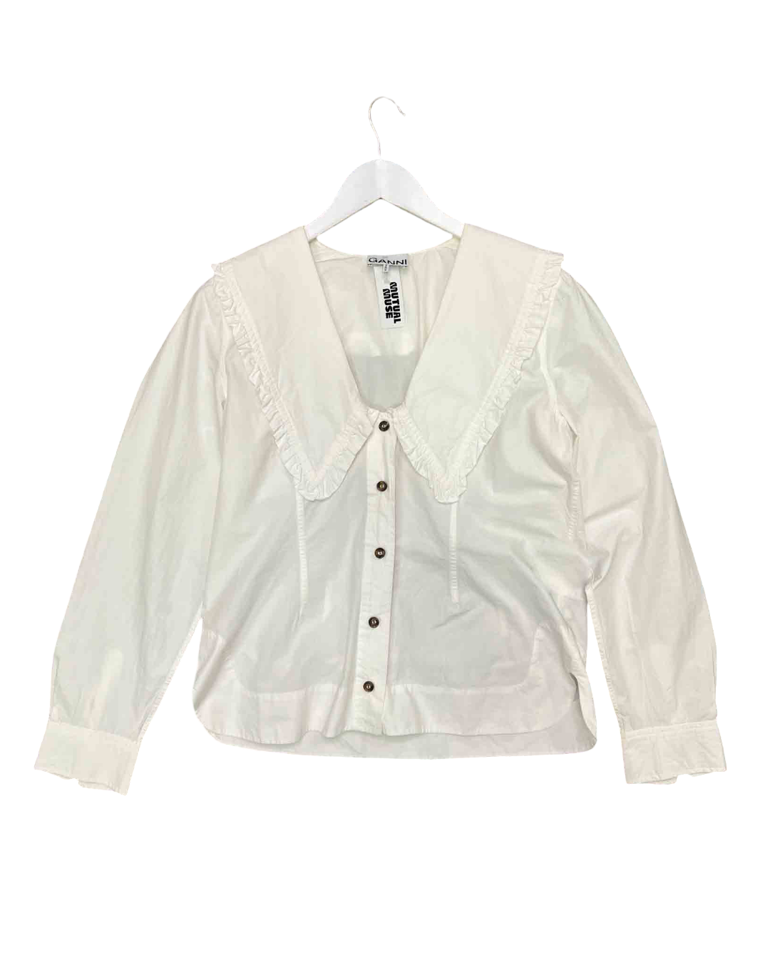 Size M | GANNI White V-Neck Frill Collar Shirt