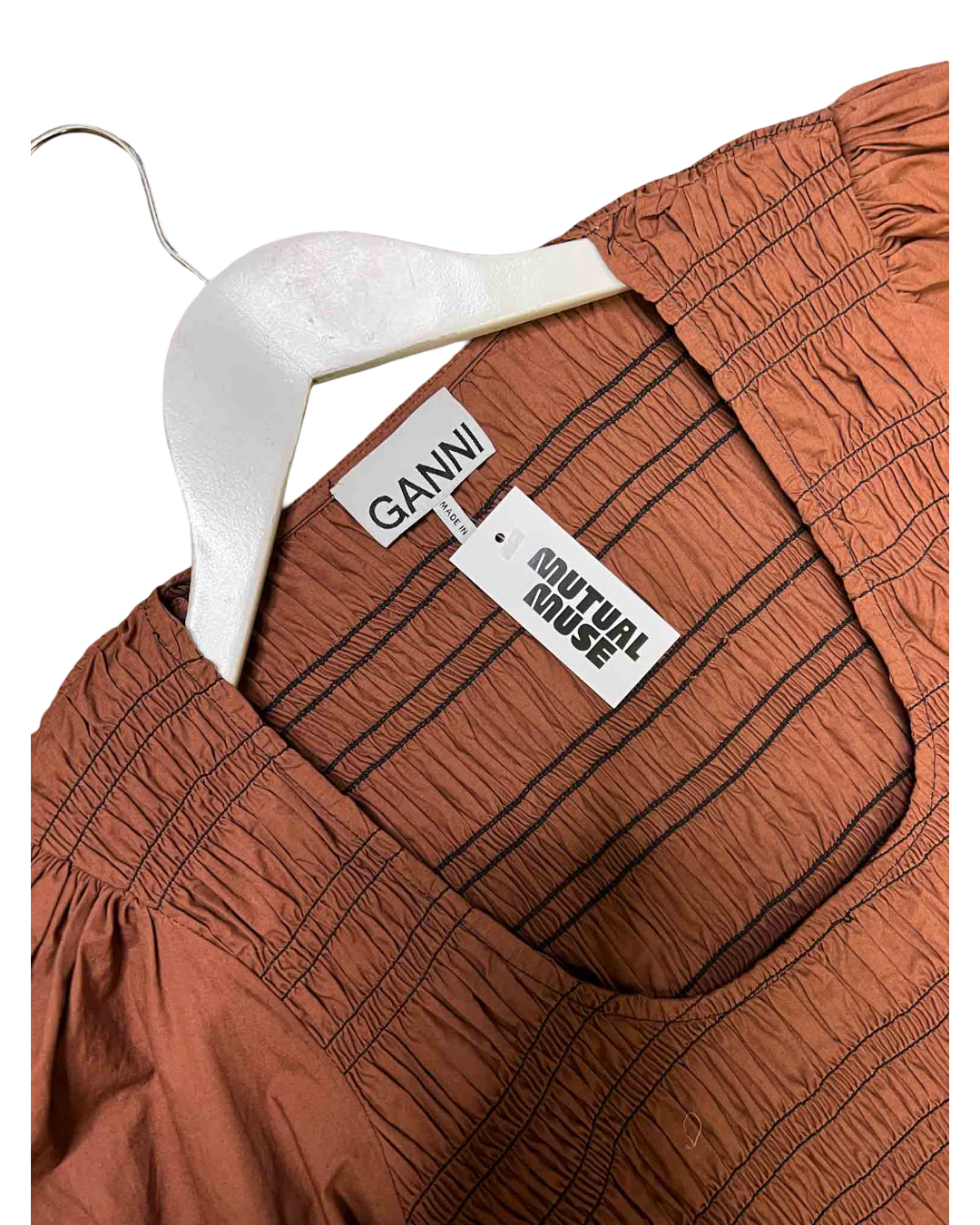 Size 38 (M) | Ganni Brown Ruched Puff Sleeve Dress