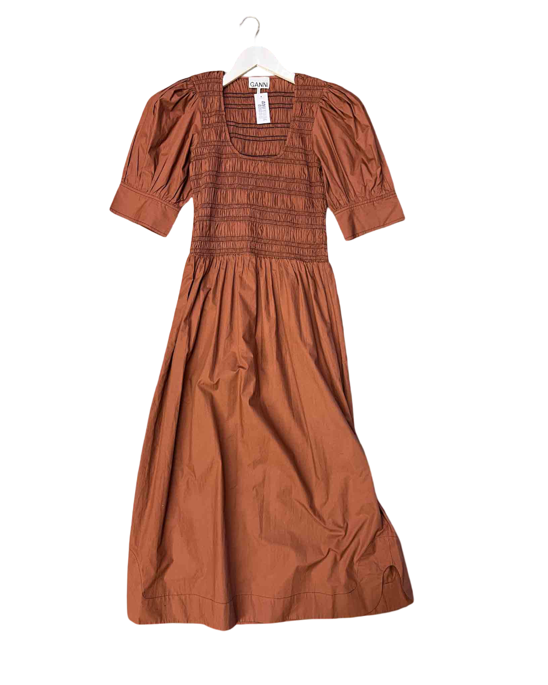 Size 38 (M) | Ganni Brown Ruched Puff Sleeve Dress