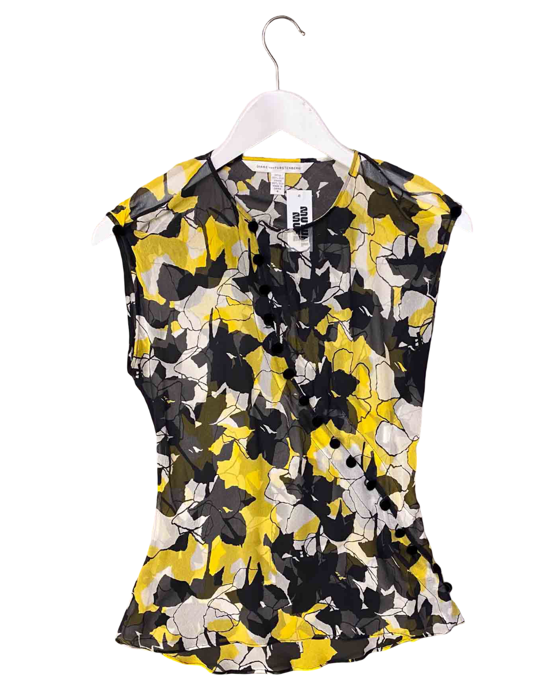 Size XS | Diane von Furstenberg Yellow and Black Silk Floral Blouse
