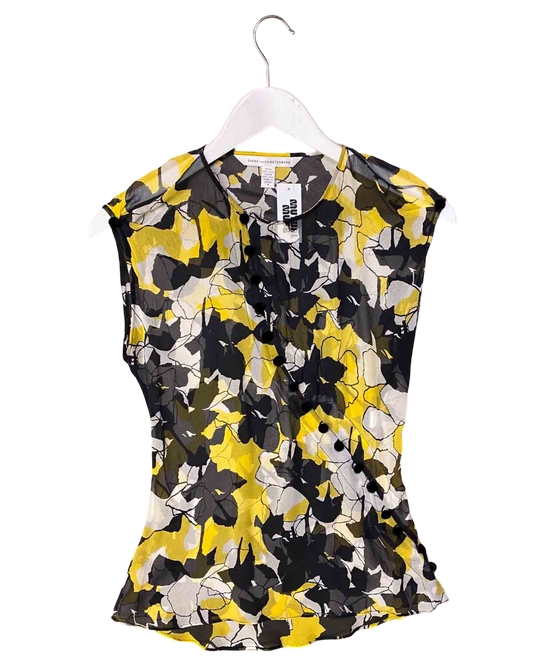 Size XS | Diane von Furstenberg Yellow and Black Silk Floral Blouse