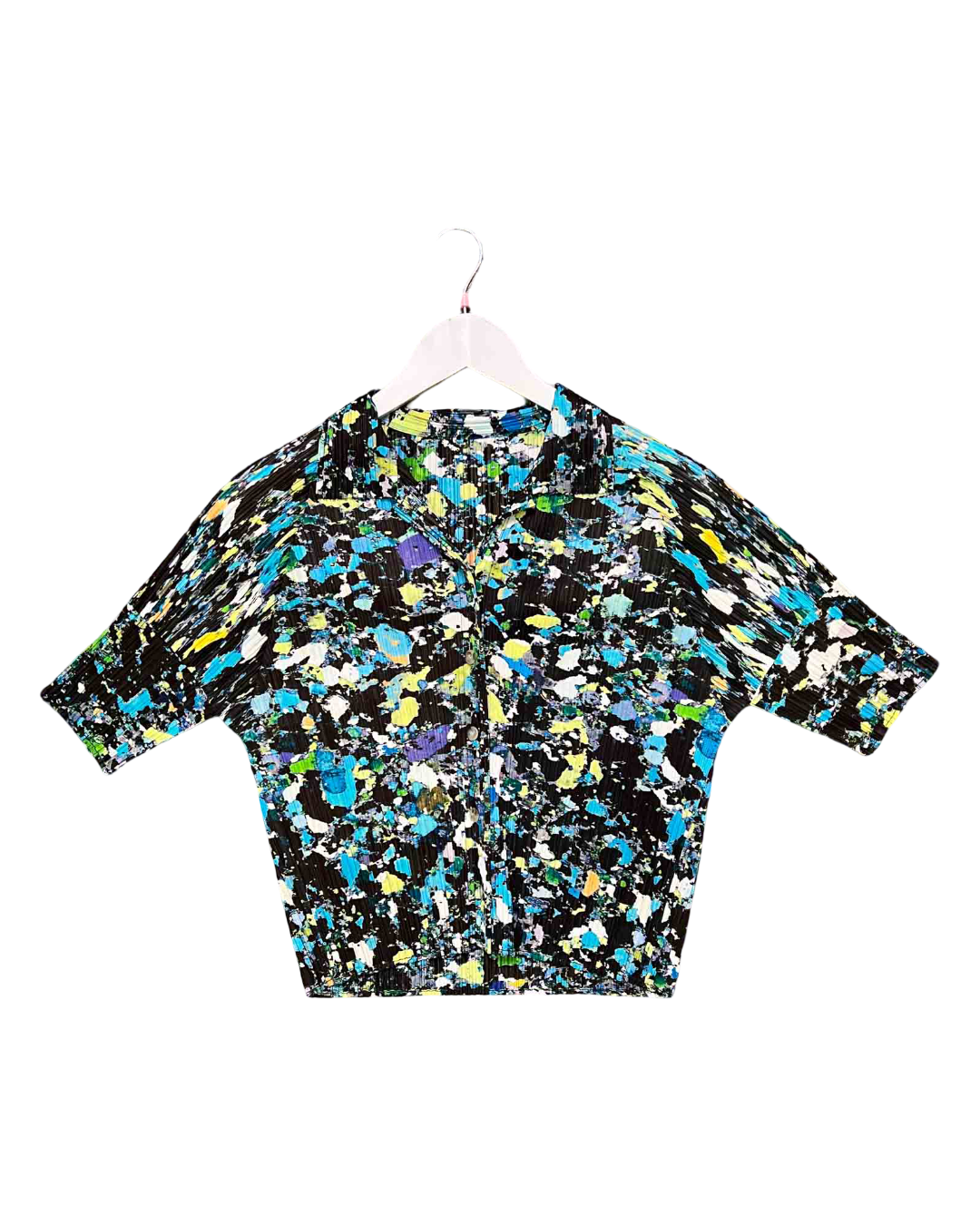 Size M | Issey Miyake Pleats Please Black and Green Abstract Splatter Shirt