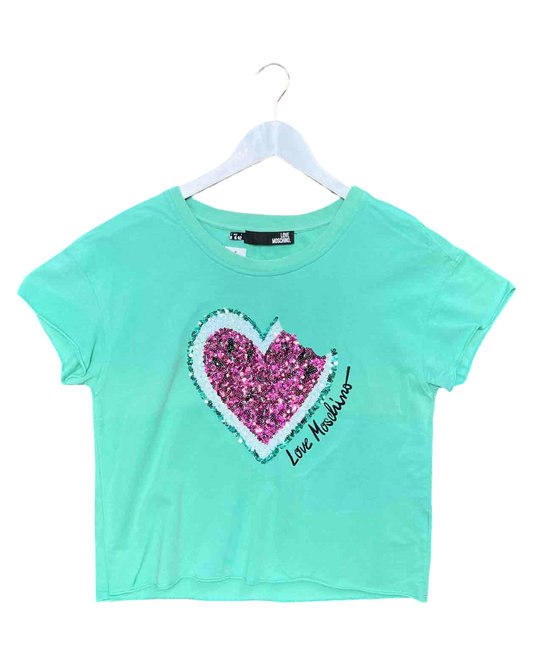 Size M | Love Moschino Mint Green Cotton Sequin T-shirt