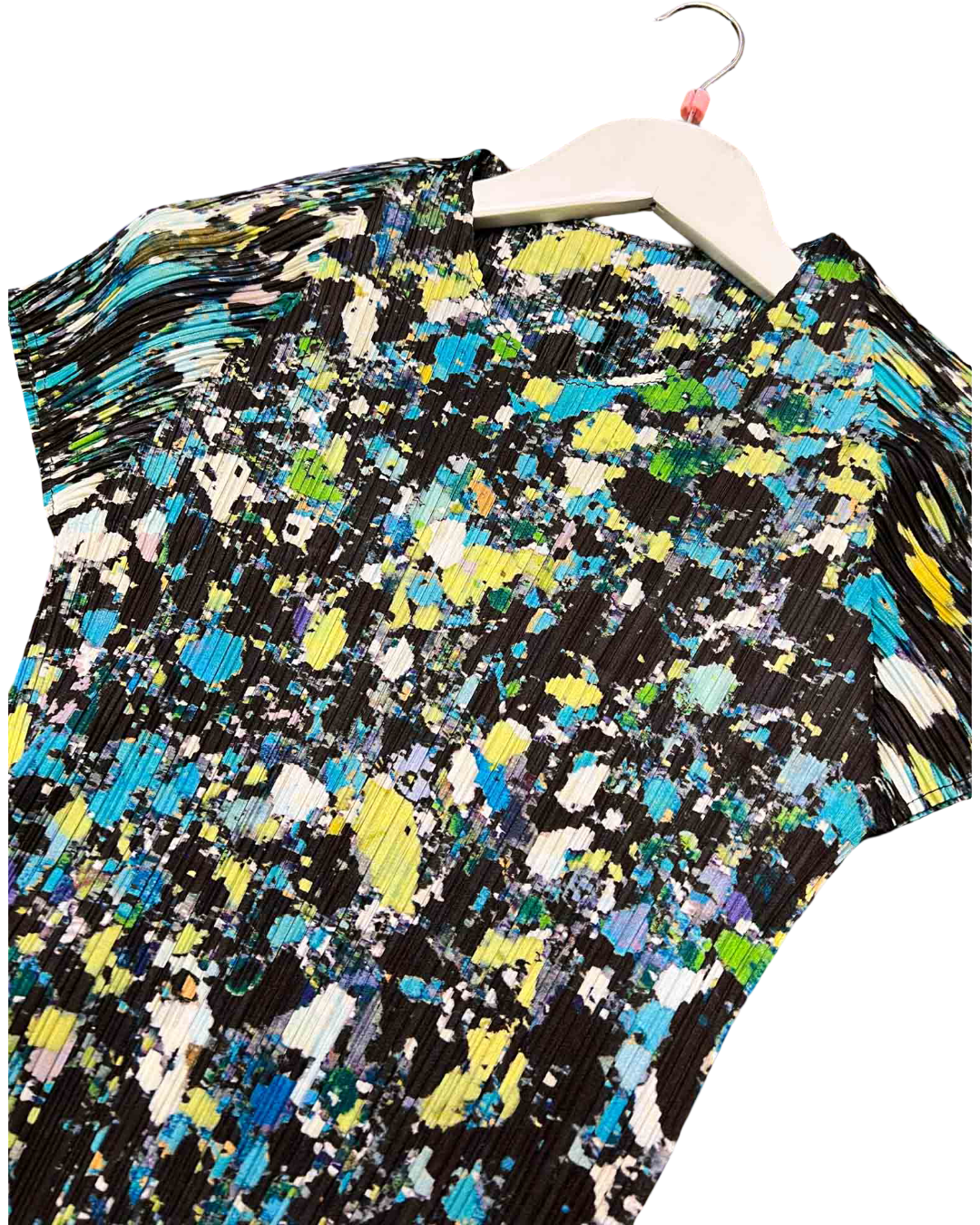 Size 10 | Issey Miyake Pleats Please Black and Green Abstract Splatter Top