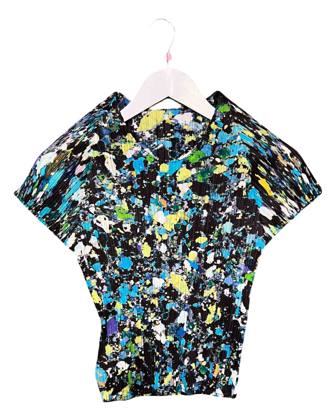 Size 10 | Issey Miyake Pleats Please Black and Green Abstract Splatter Top